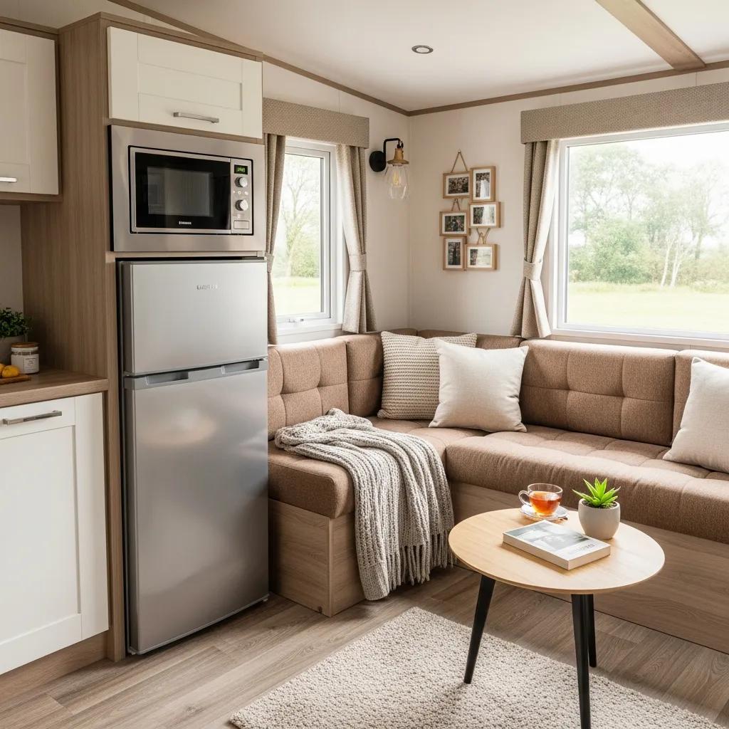 Cozy mobile home interior highlighting modern appliances and a comfortable living space