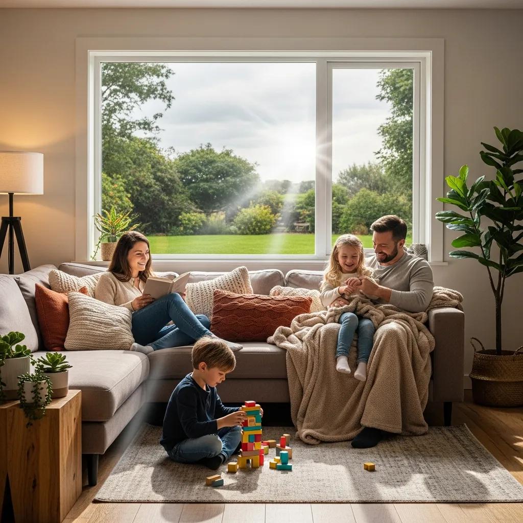 Family enjoying a cozy living room with energy-efficient windows, illustrating comfort and savings