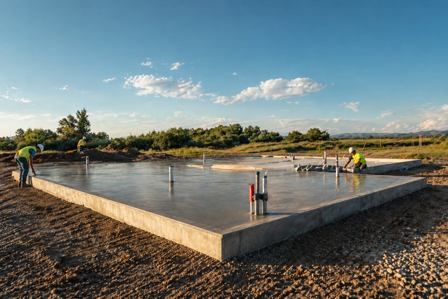 Workers pouring a concrete foundation slab for a manufactured home at a rural property
