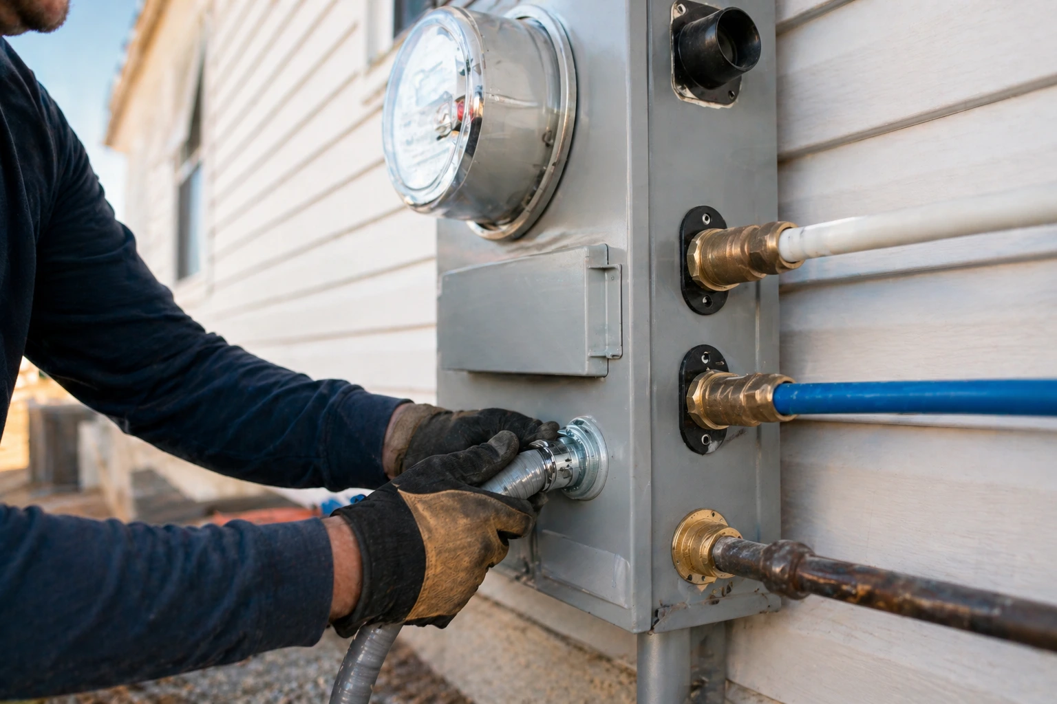 Utility connections and electrical hookup being installed at a manufactured home site