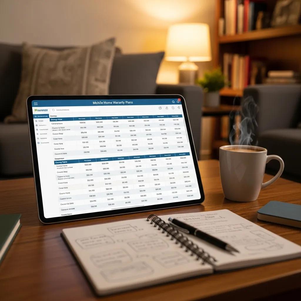 Comparison of mobile home warranty plans on a tablet in a cozy home setting