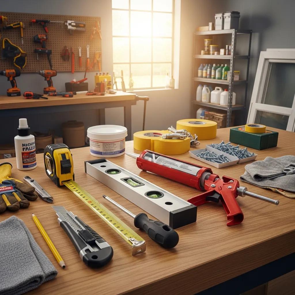 Essential tools and materials for window installation, including tape measure and caulking gun on a workbench