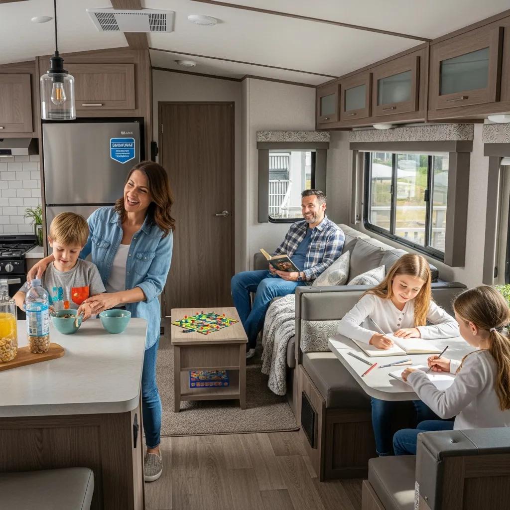 Happy family in a mobile home enjoying the benefits of a home warranty