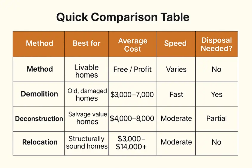 Methods of Mobile Home Removal- Quick Comparison Table