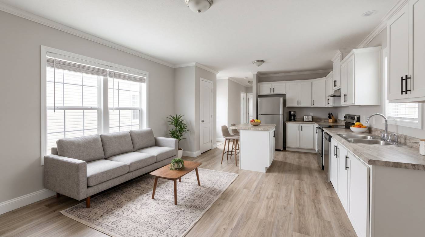 Open-concept living room and kitchen in an affordable single-section manufactured home