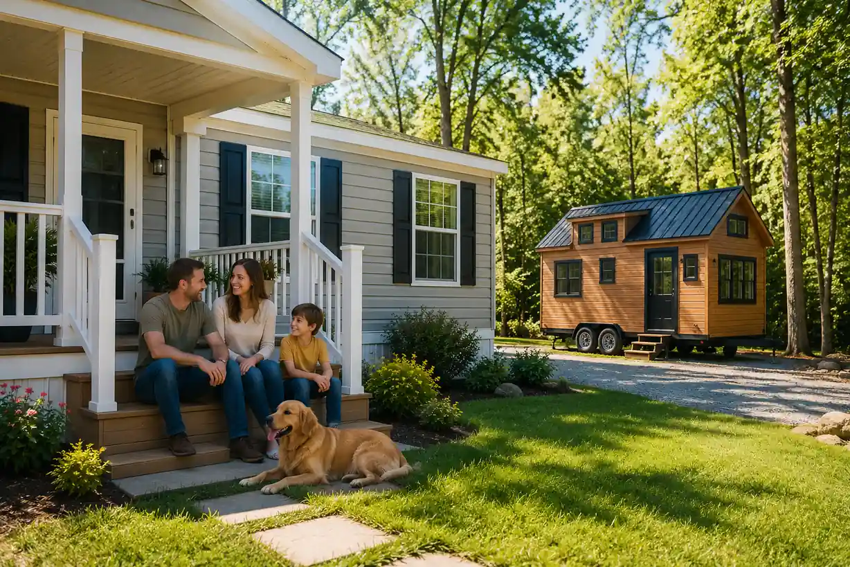 Family and golden retriever relaxing on the porch of a manufactured home next to a small tiny house on wheels parked in a wooded yard