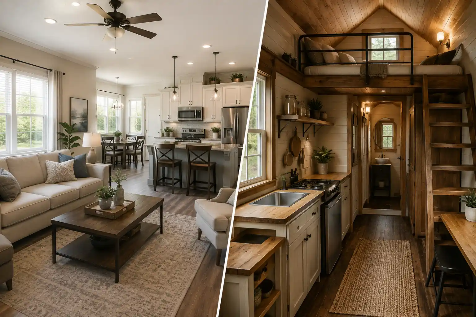 Split-image comparison of a spacious manufactured home living room and kitchen next to a compact tiny house kitchen and sleeping loft
