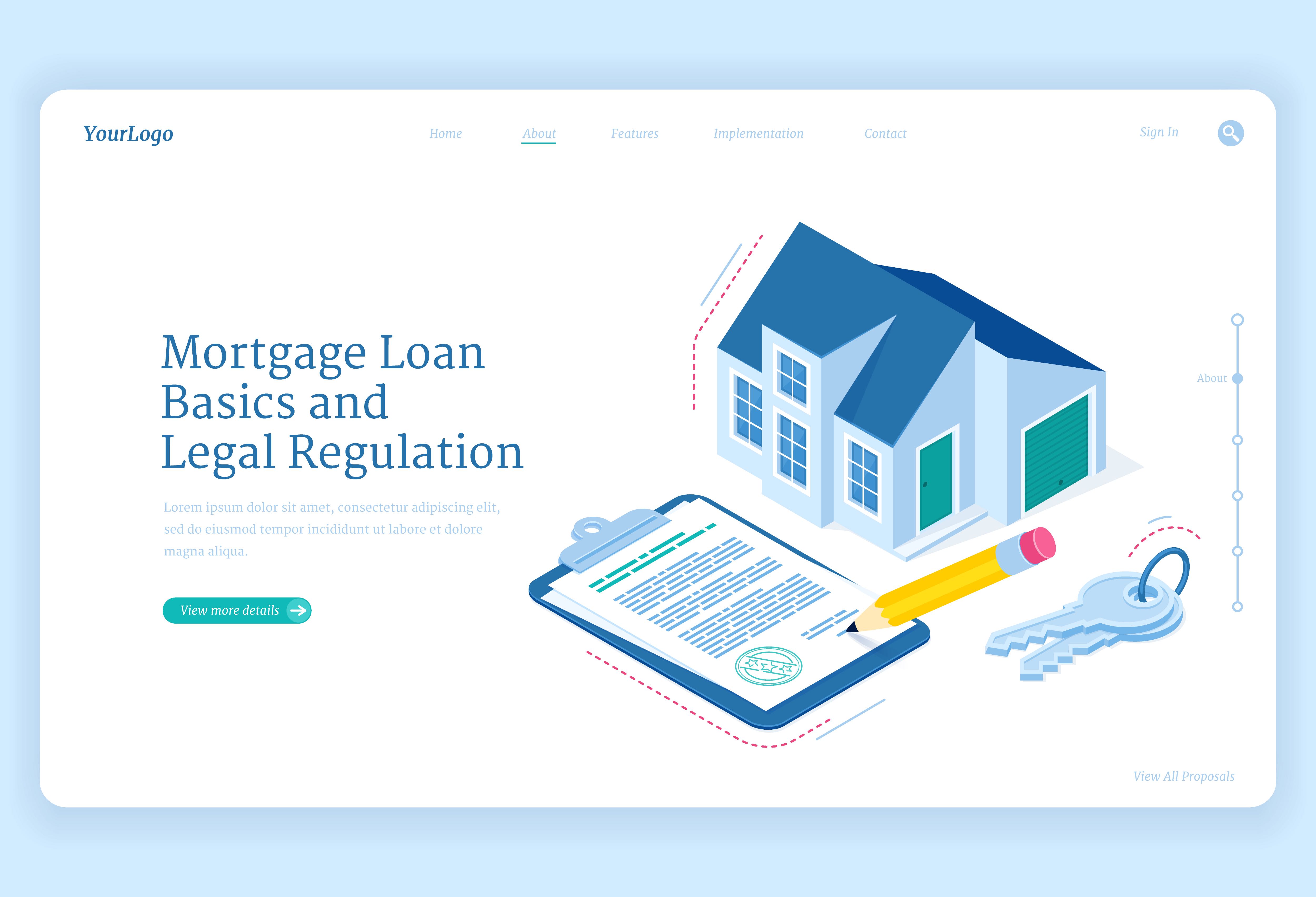 Mortgage loan regulation isometric landing page. cottage house with key and contract document for sign. hypothec debt basic and legal adjustment, personal bank credit for buying home