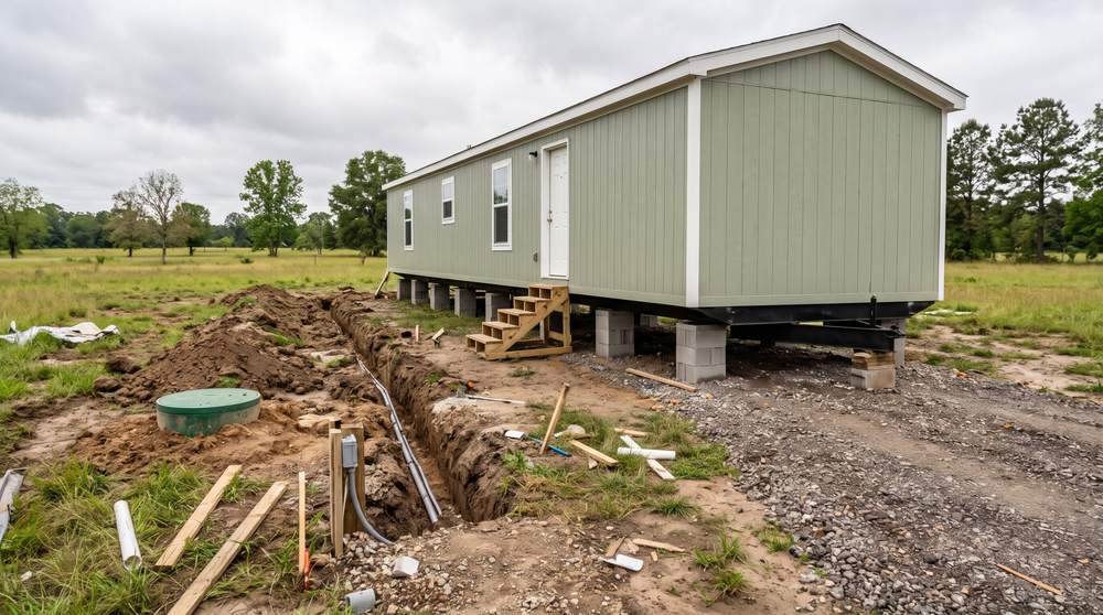 New single-wide mobile home set on piers with utility trenching in progress