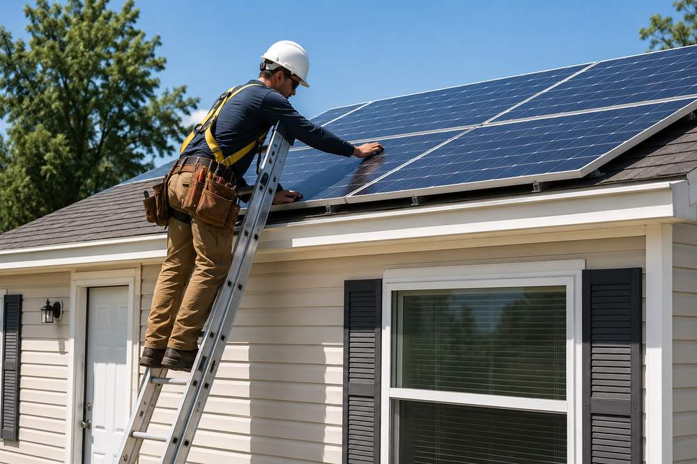 Solar installer mounting panels on the roof of a manufactured home