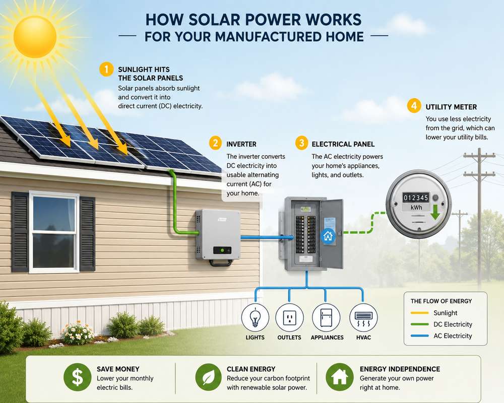 How solar power works for a manufactured home from panels to electrical panel and utility meter